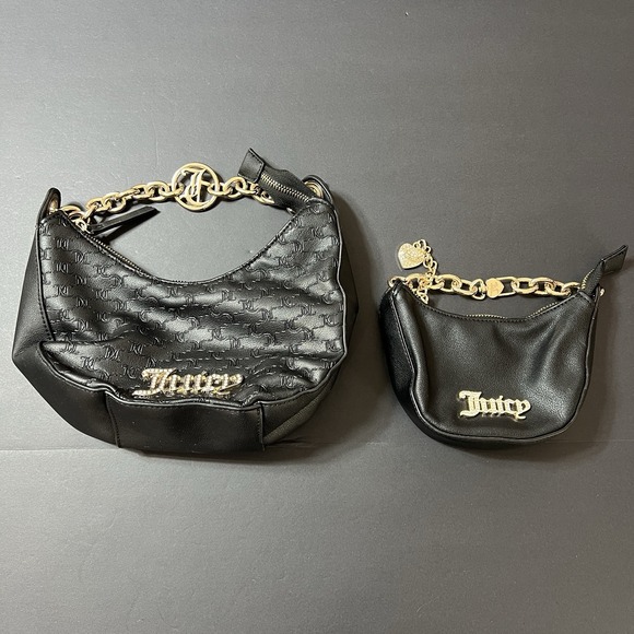 Juicy Couture Handbags - Juicy Couture Black Embossed Logo Chain Strap Hobo Bag Purse Set 2 Piece Y2K